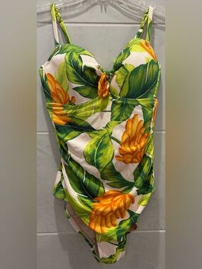 NWT Kona Sol Tropical Floral One-Piece Swimsuit - Green & Yellow Large (12-14)